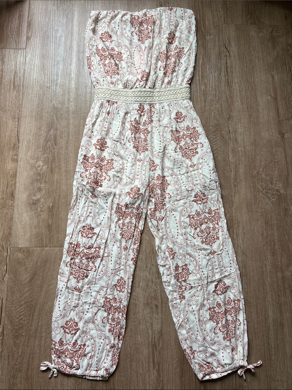 NWT Collective Concepts Cream Strapless Jumpsuit with Red Paisley Pattern Size L